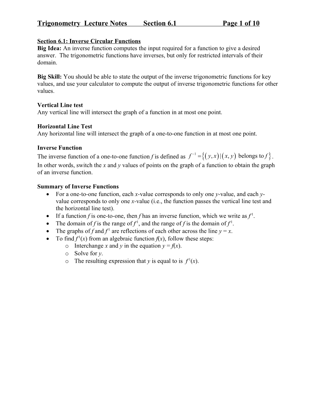 Trigonometry Lecture Notes, Section 6.1