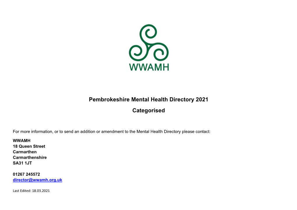 Pembrokeshire Mental Health Directory 2021 Categorised