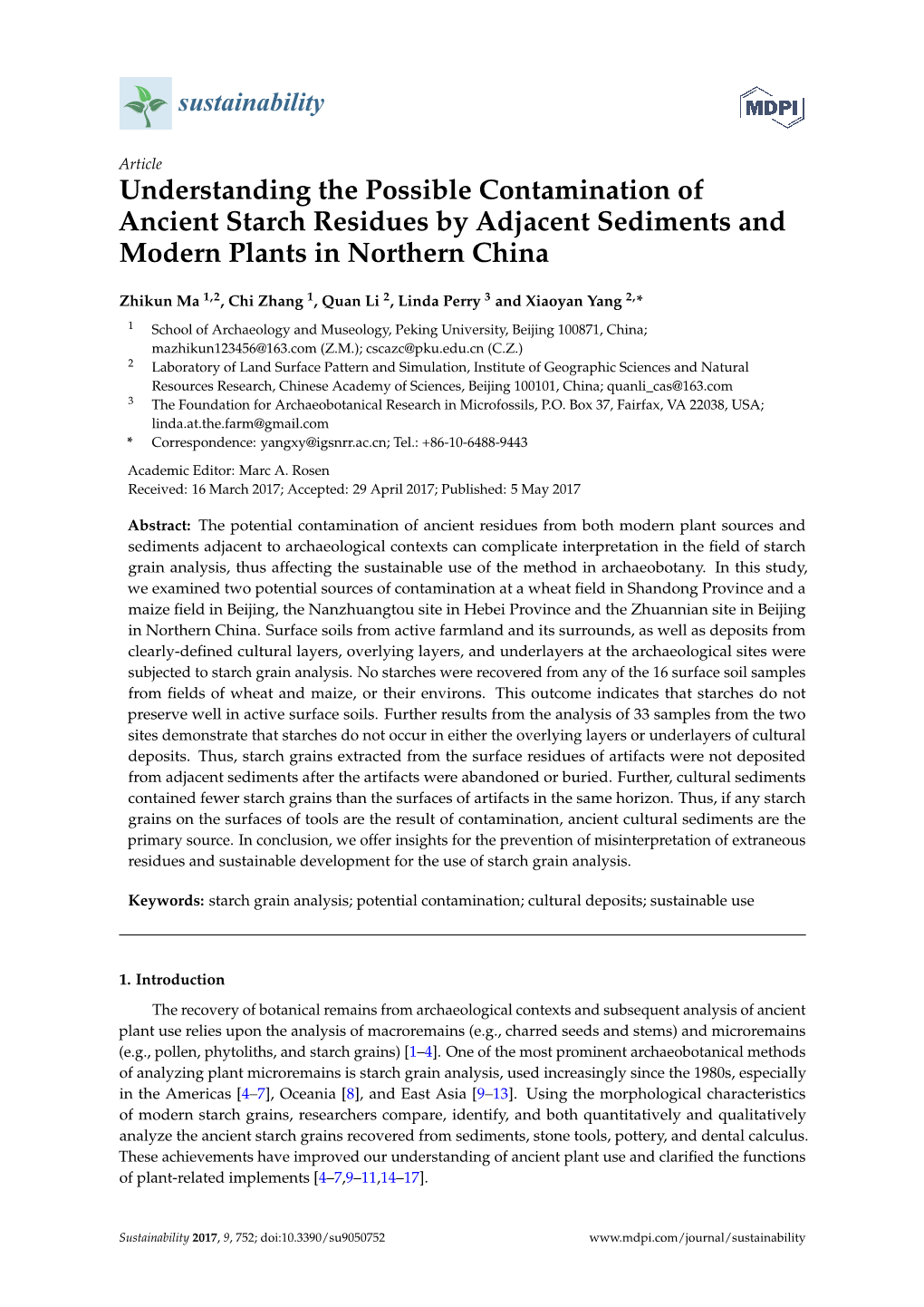 Understanding the Possible Contamination of Ancient Starch Residues by Adjacent Sediments and Modern Plants in Northern China