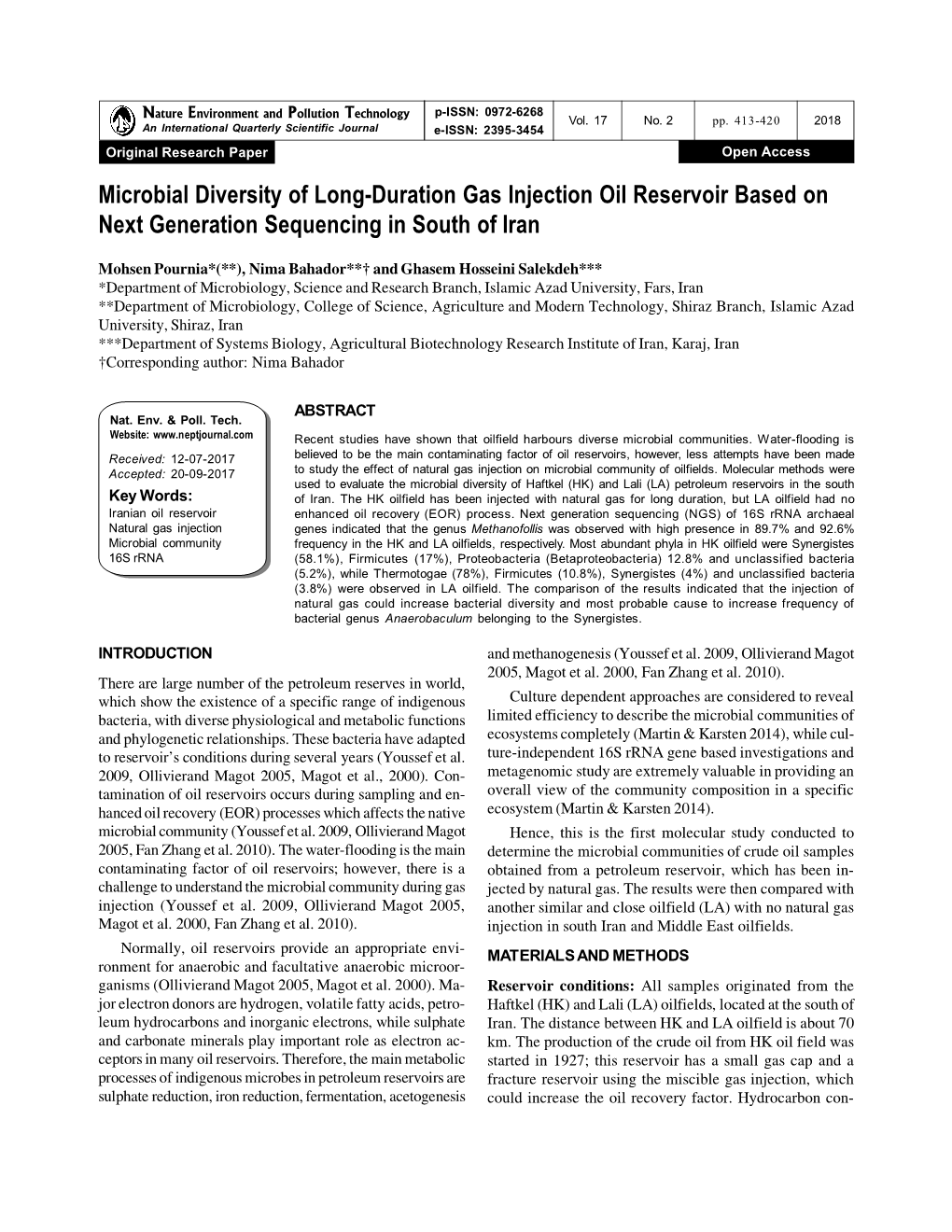 Microbial Diversity of Long-Duration Gas Injection Oil Reservoir Based on Next Generation Sequencing in South of Iran