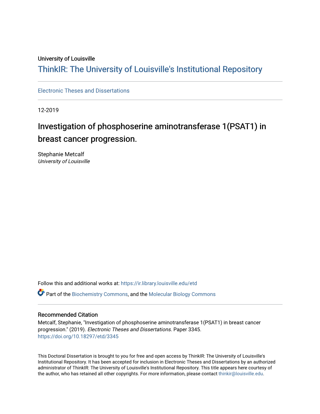 Investigation of Phosphoserine Aminotransferase 1(PSAT1) in Breast Cancer Progression