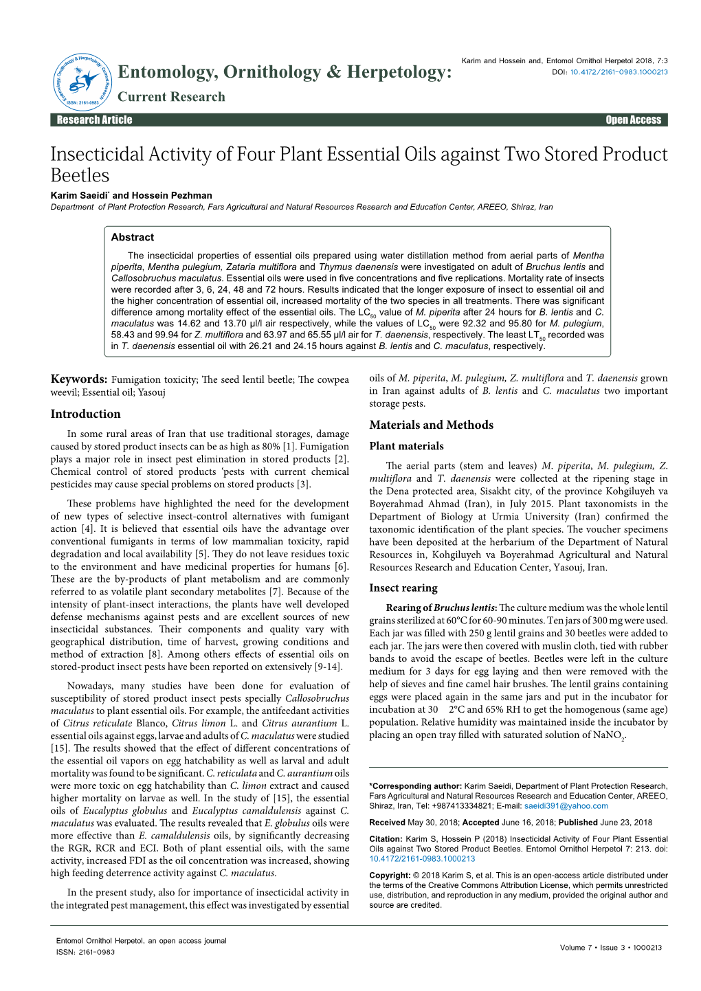 Insecticidal Activity of Four Plant Essential Oils Against Two Stored