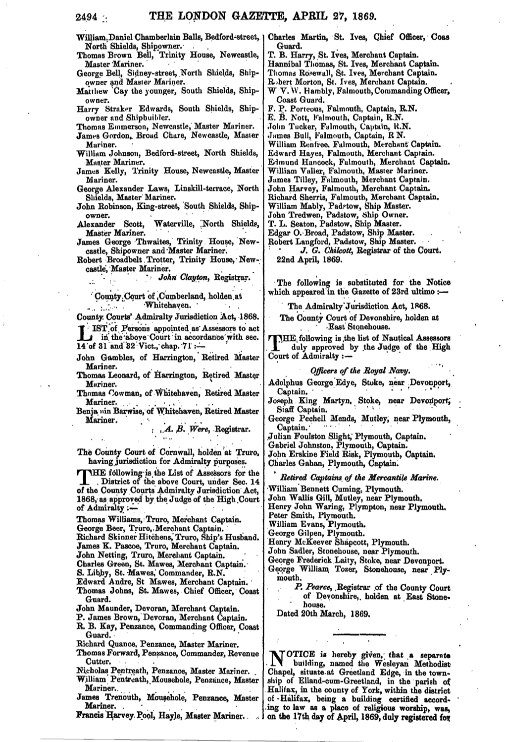 The London Gazette, Apbil 27, 1869