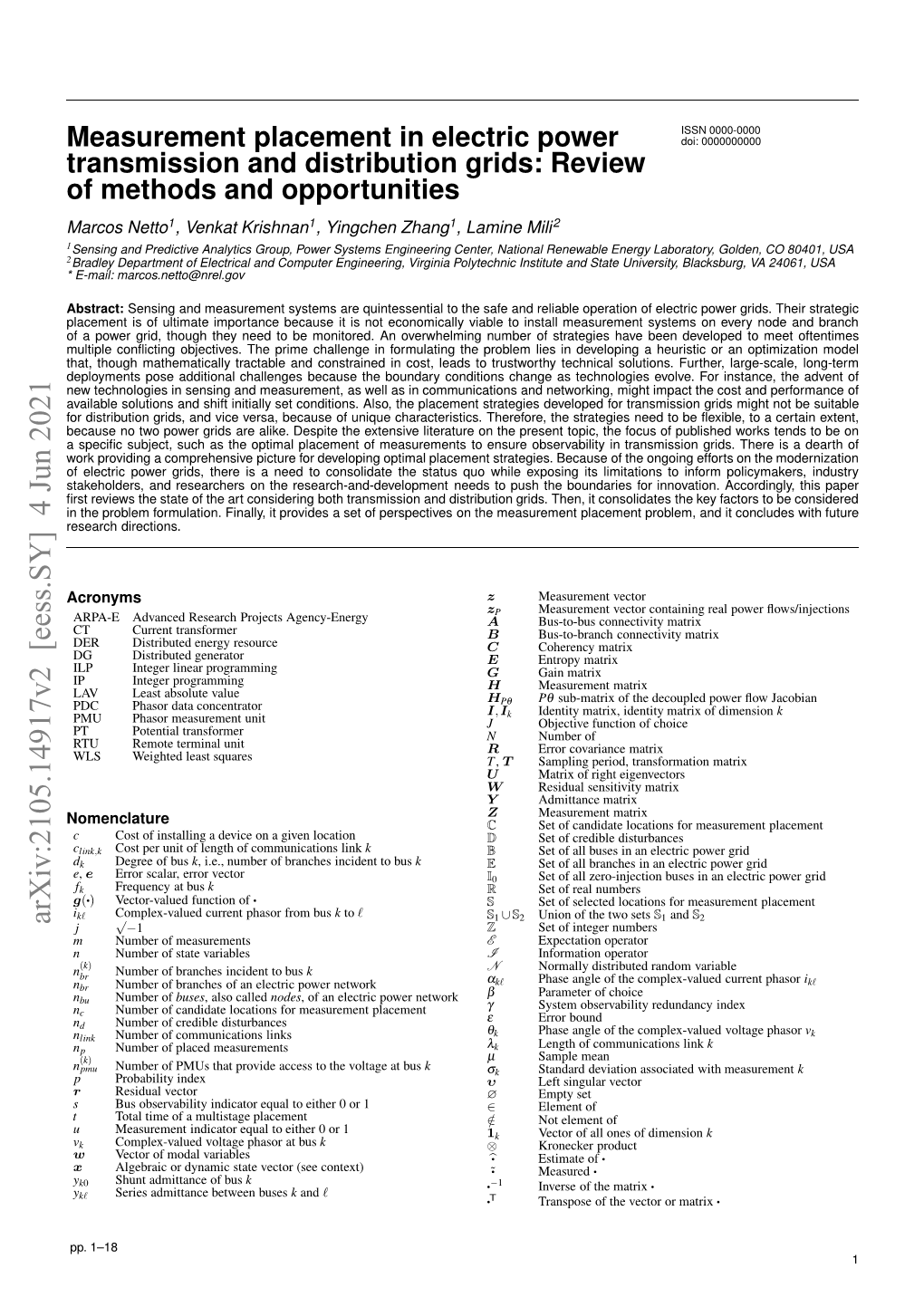 Measurement Placement in Electric Power Transmission And