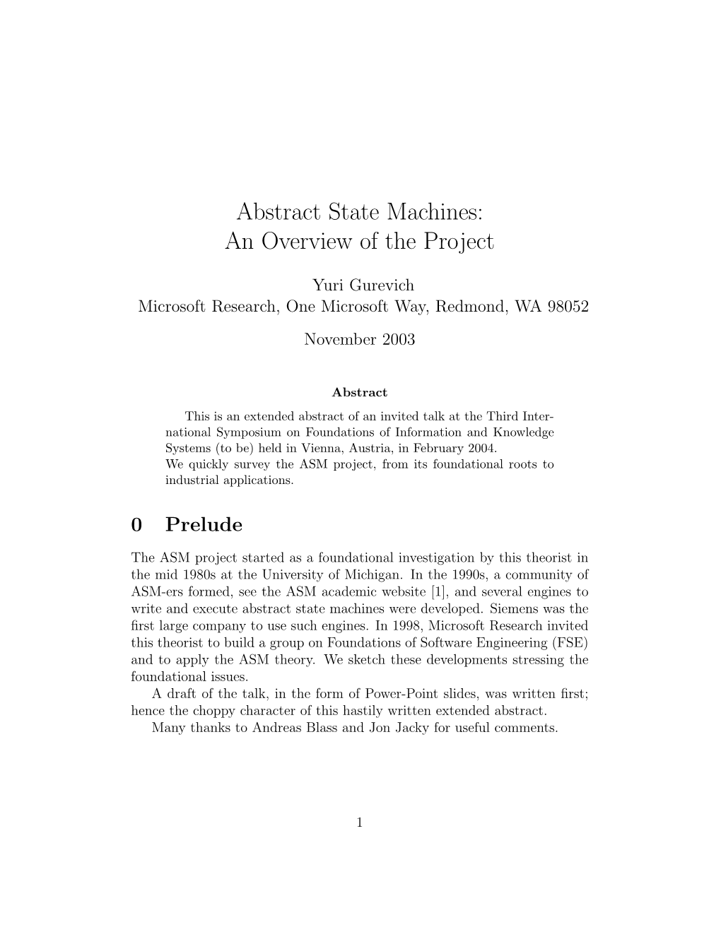 Abstract State Machines: an Overview of the Project