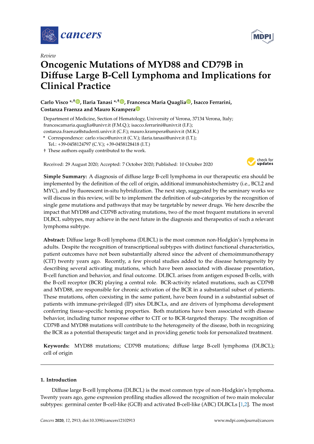 Oncogenic Mutations of MYD88 and CD79B in Diffuse Large B-Cell