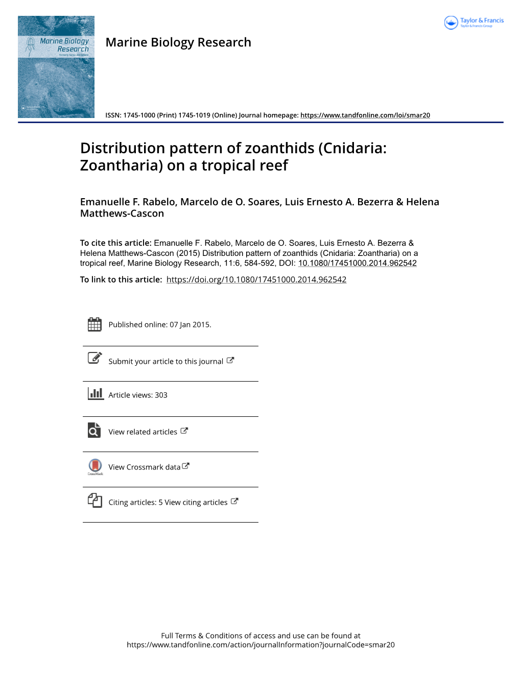 Distribution Pattern of Zoanthids (Cnidaria: Zoantharia) on a Tropical Reef