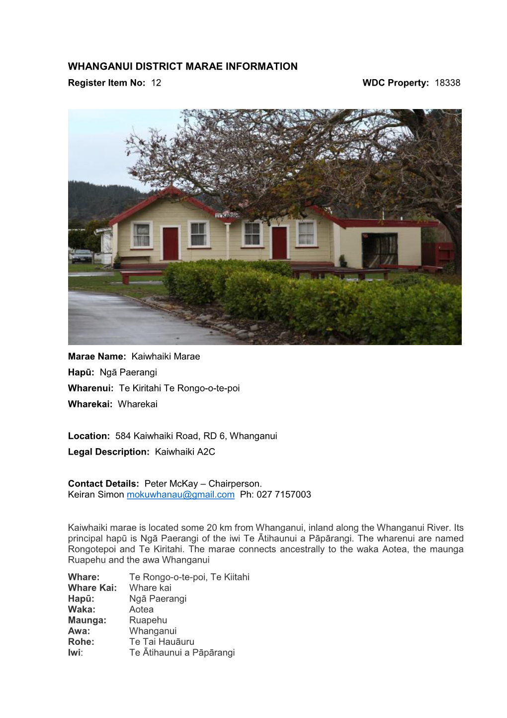 WHANGANUI DISTRICT MARAE INFORMATION Register Item No: 12 WDC Property: 18338