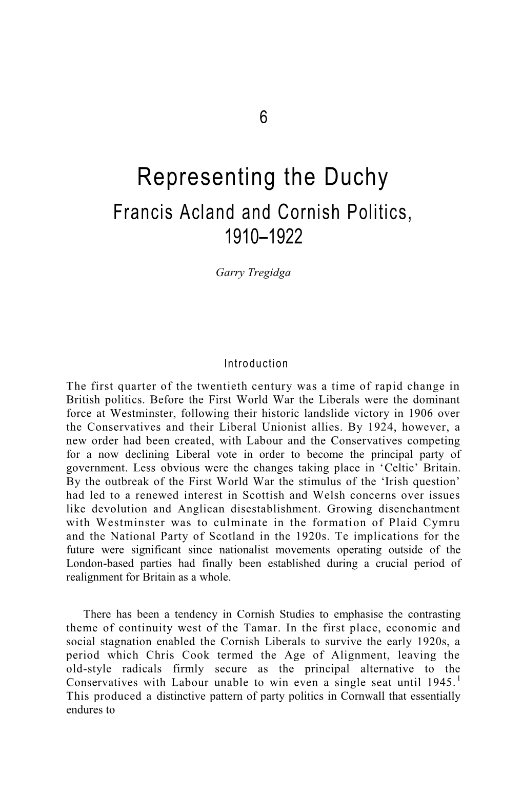 Representing the Duchy Francis Acland and Cornish Politics, 1910–1922