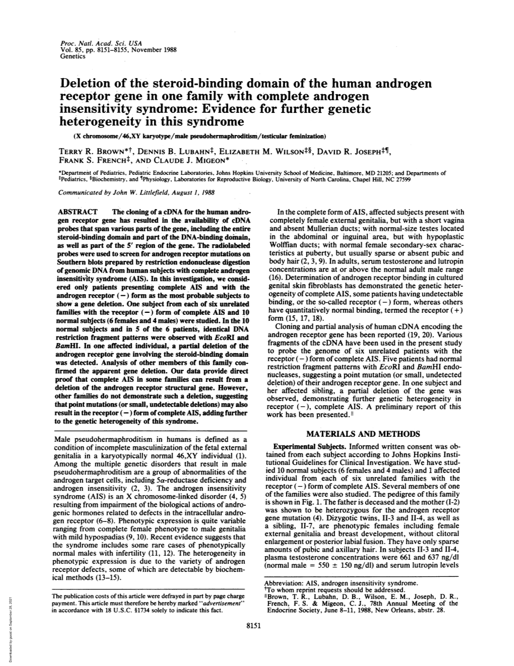 Deletion of the Steroid-Binding Domain of the Human Androgen Receptor Gene in One Family with Complete Androgen Insensitivity Sy