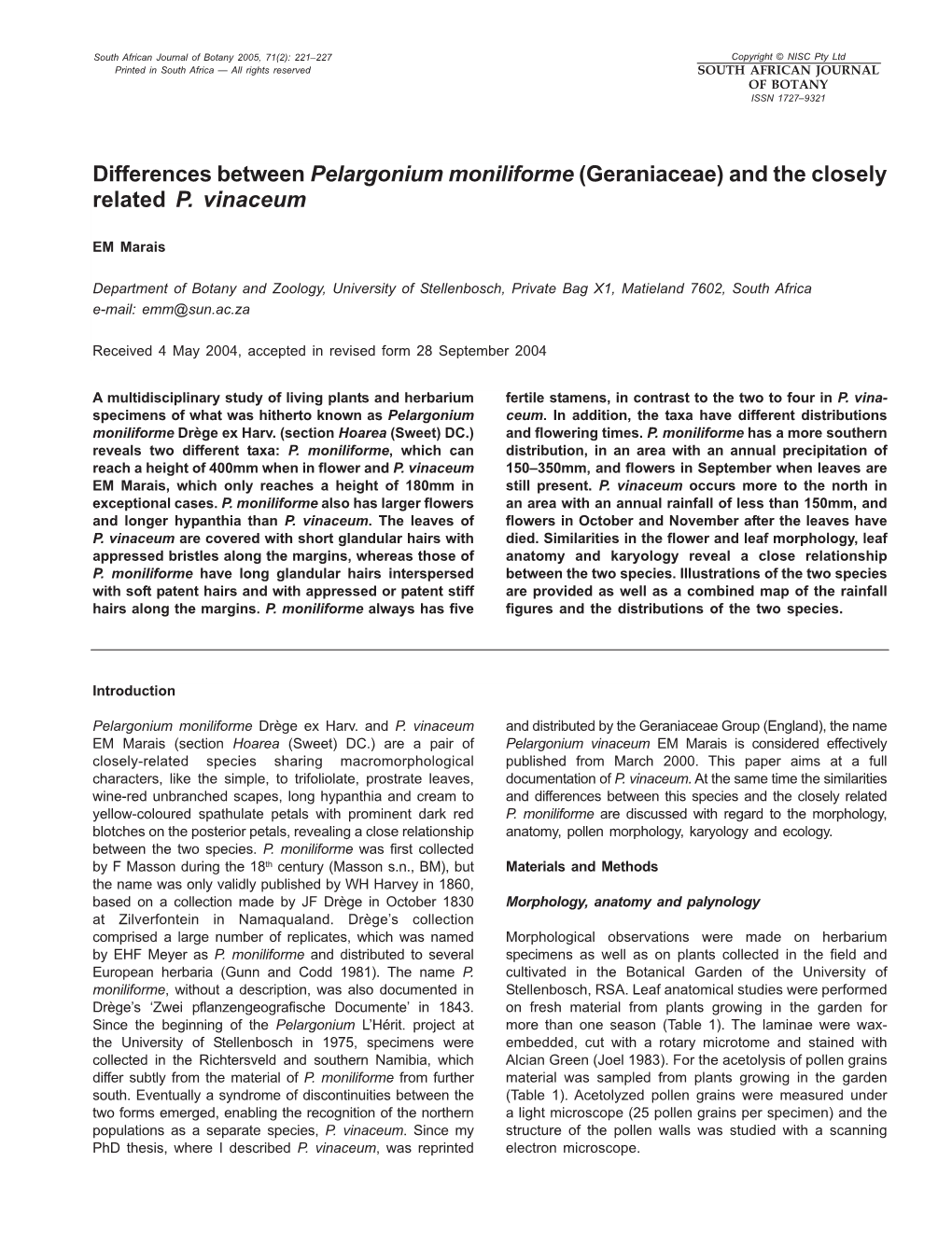 Differences Between Pelargonium Moniliforme (Geraniaceae) and the Closely Related P