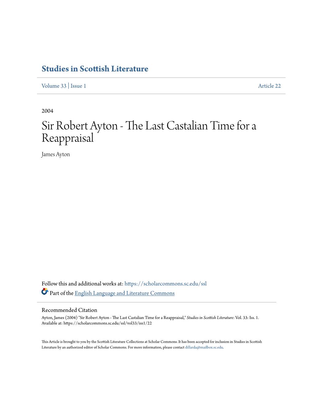 Sir Robert Ayton - the Last Castalian Time for a Reappraisal James Ayton