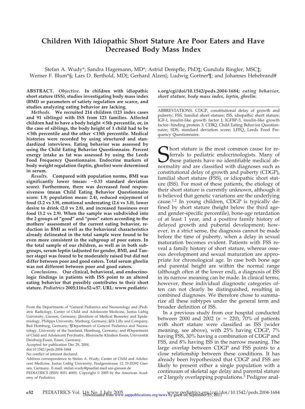 Children with Idiopathic Short Stature Are Poor Eaters and Have Decreased Body Mass Index