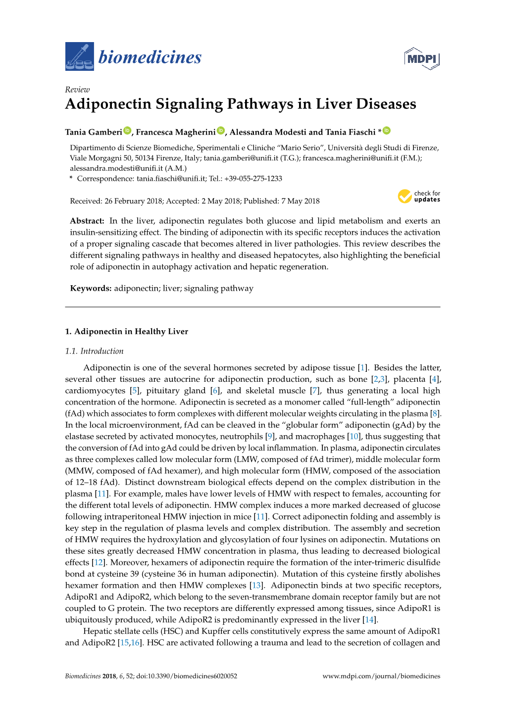 Adiponectin Signaling Pathways in Liver Diseases