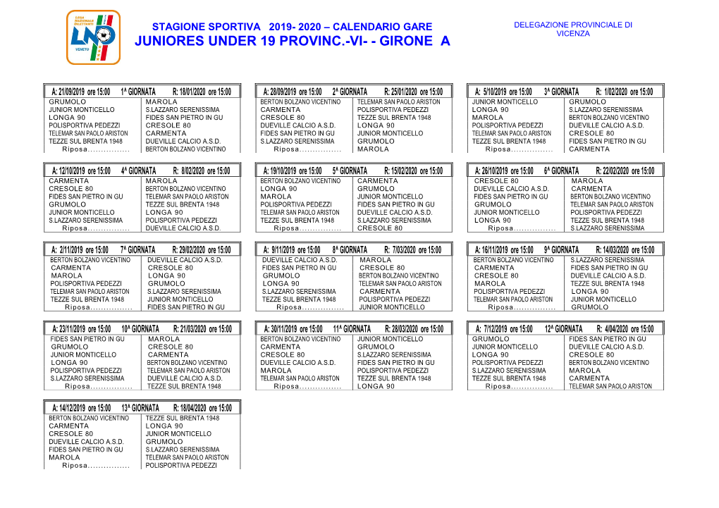 Calendario Juniores Provinciali 2019-2020