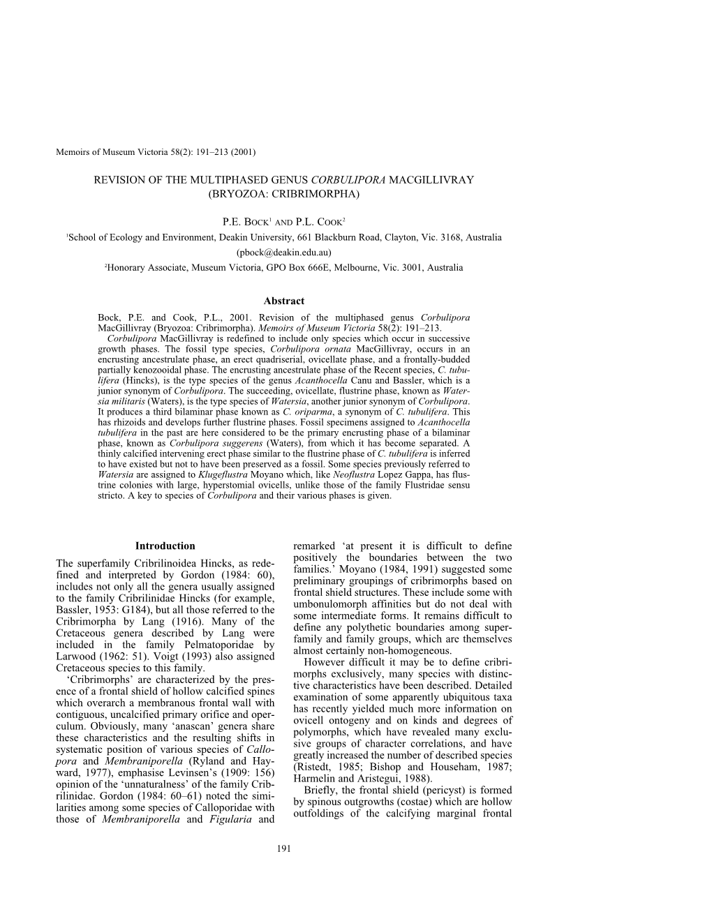 Revision of the Multiphased Genus Corbulipara Macgillvray (Bryozoa