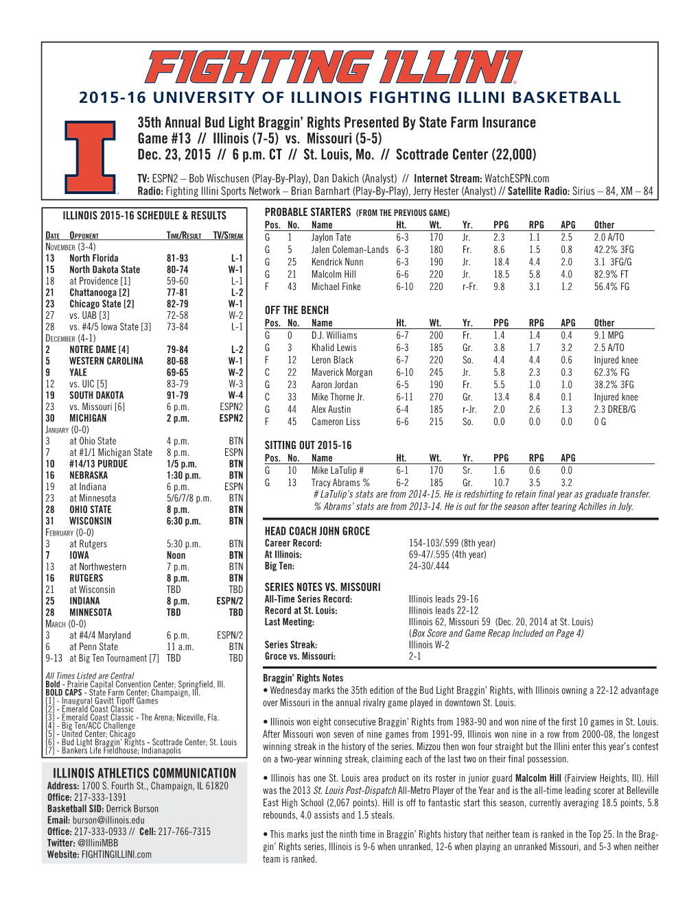 2015-16 UNIVERSITY of ILLINOIS FIGHTING ILLINI BASKETBALL 35Th Annual Bud Light Braggin’ Rights Presented by State Farm Insurance Game #13 // Illinois (7-5) Vs