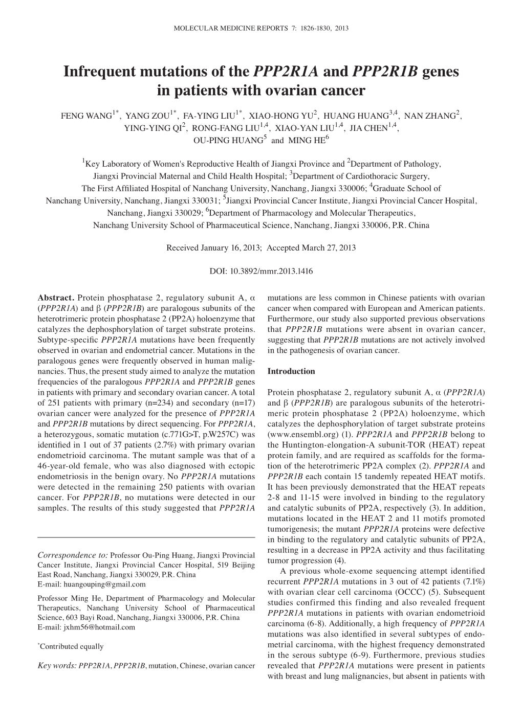 Infrequent Mutations of the PPP2R1A and PPP2R1B Genes in Patients with Ovarian Cancer