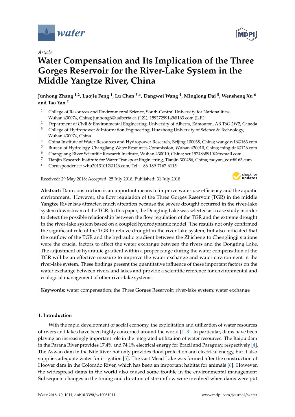 Water Compensation and Its Implication of the Three Gorges Reservoir for the River-Lake System in the Middle Yangtze River, China
