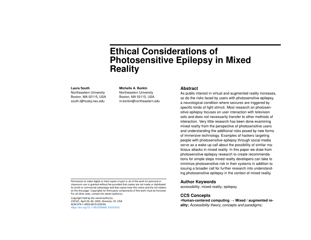 Ethical Considerations of Photosensitive Epilepsy in Mixed Reality