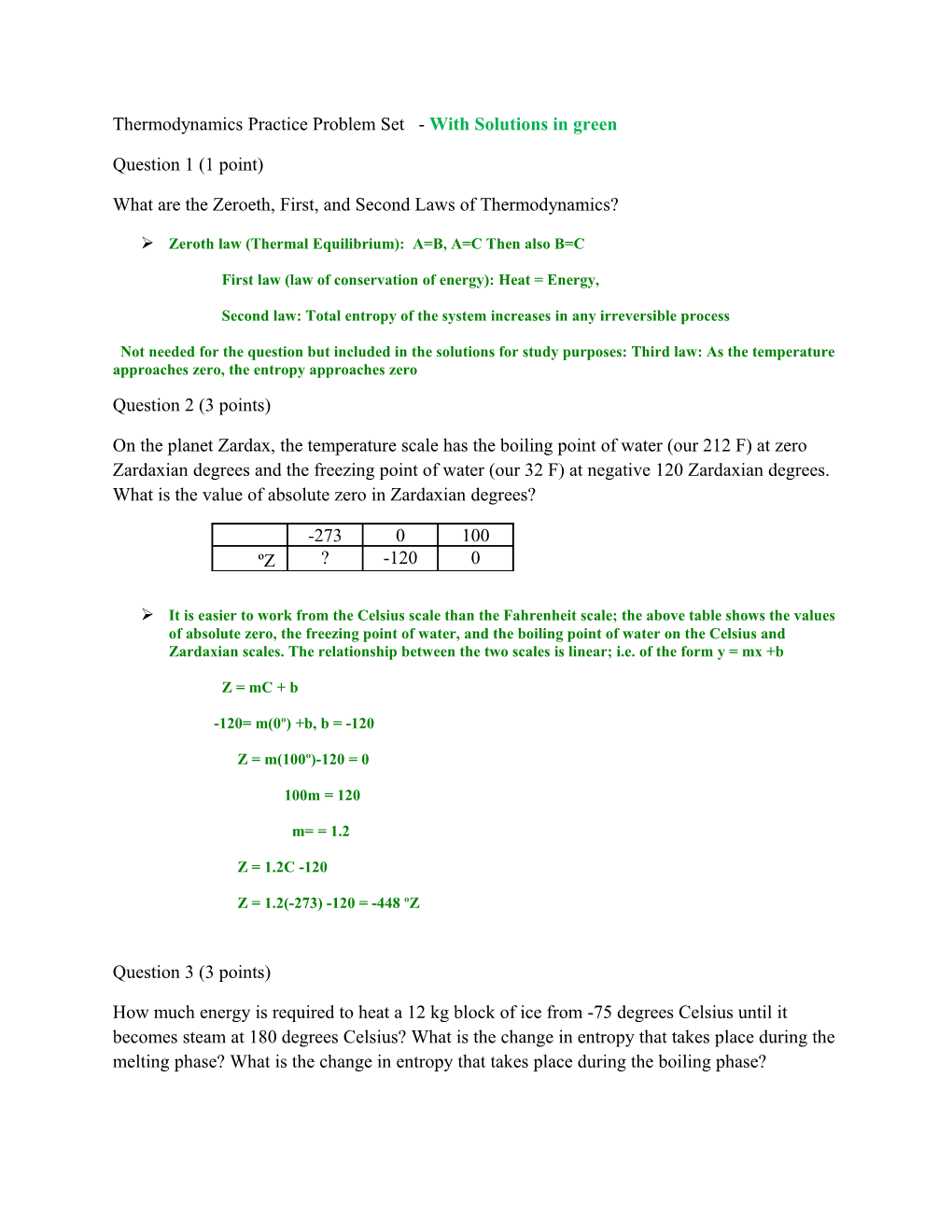 Thermodynamics Practice Problem Set - with Solutions in Green