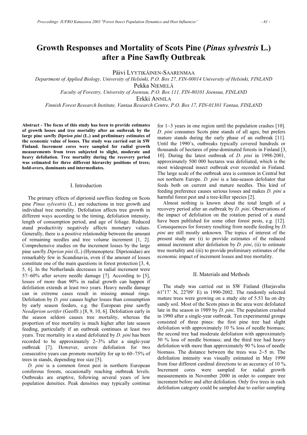 Growth Responses and Mortality of Scots Pine (Pinus Sylvestris L.) After a Pine Sawfly Outbreak