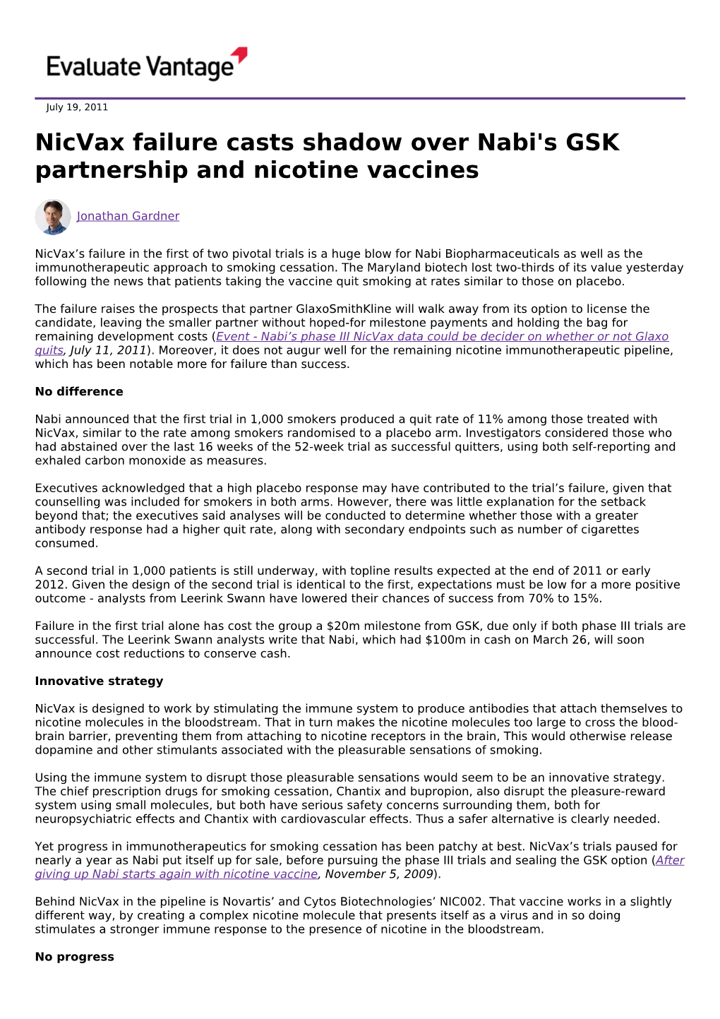 Nicvax Failure Casts Shadow Over Nabi's GSK Partnership and Nicotine Vaccines