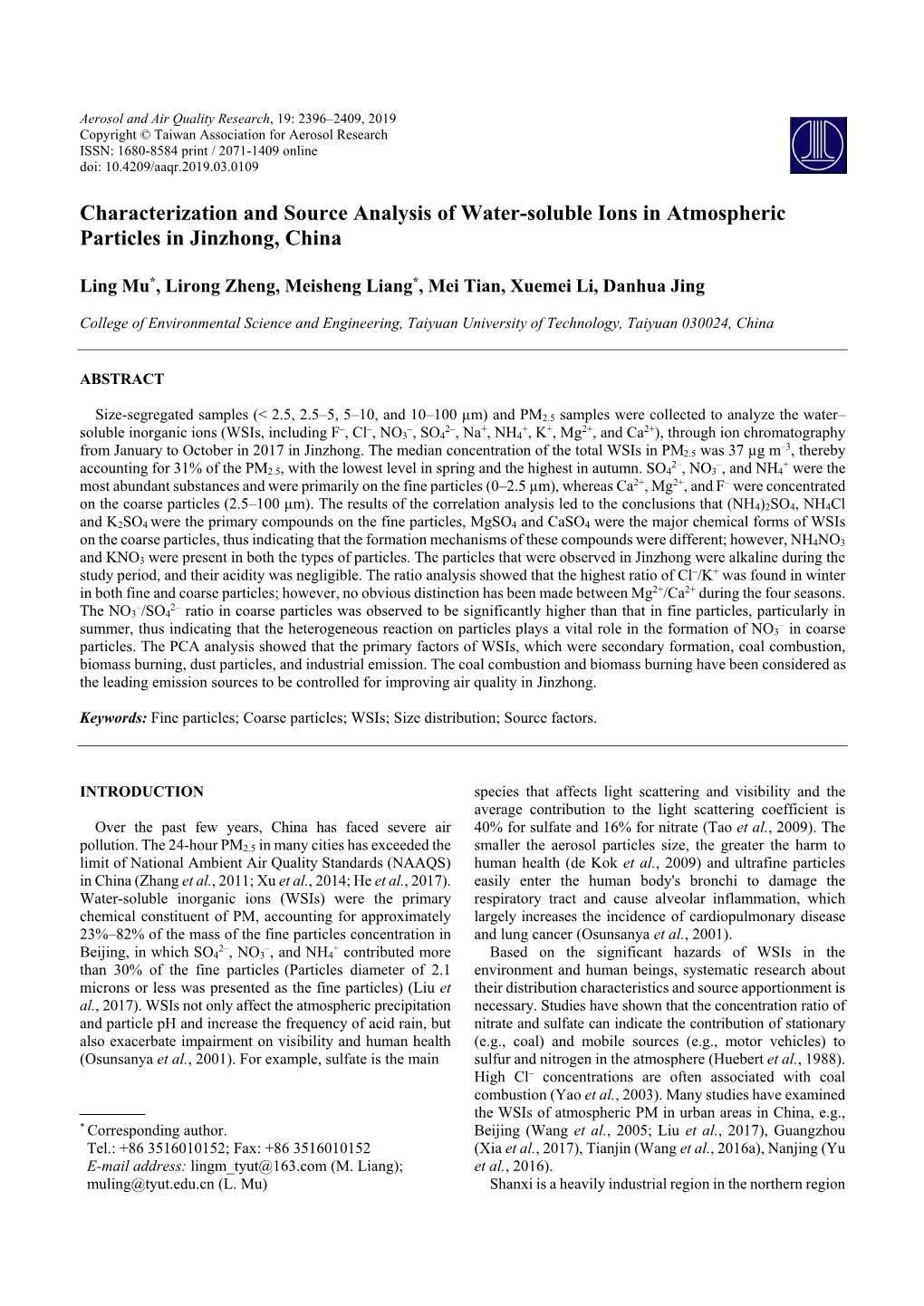 Characterization and Source Analysis of Water-Soluble Ions in Atmospheric Particles in Jinzhong, China