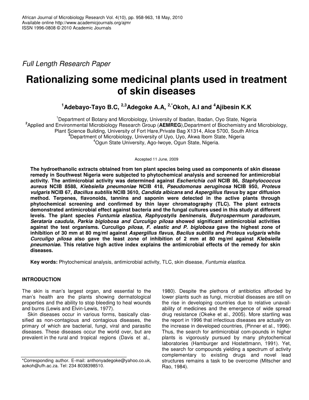Rationalizing Some Medicinal Plants Used in Treatment of Skin Diseases