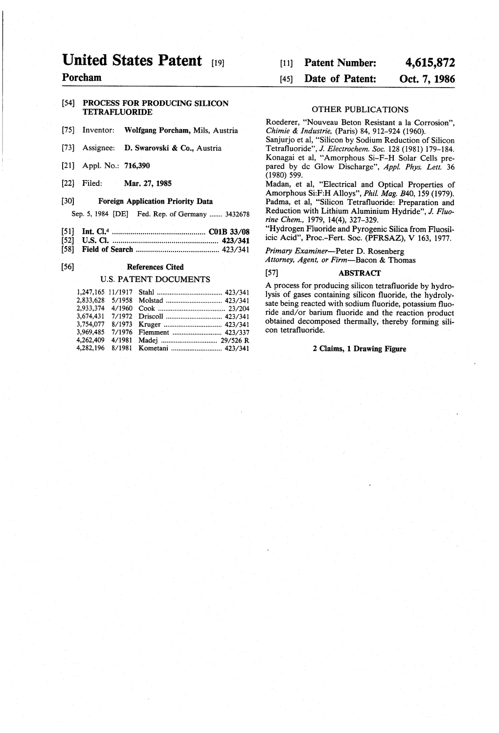 United States Patent (19) 11) Patent Number: 4,615,872 Porcham (45) Date of Patent: Oct