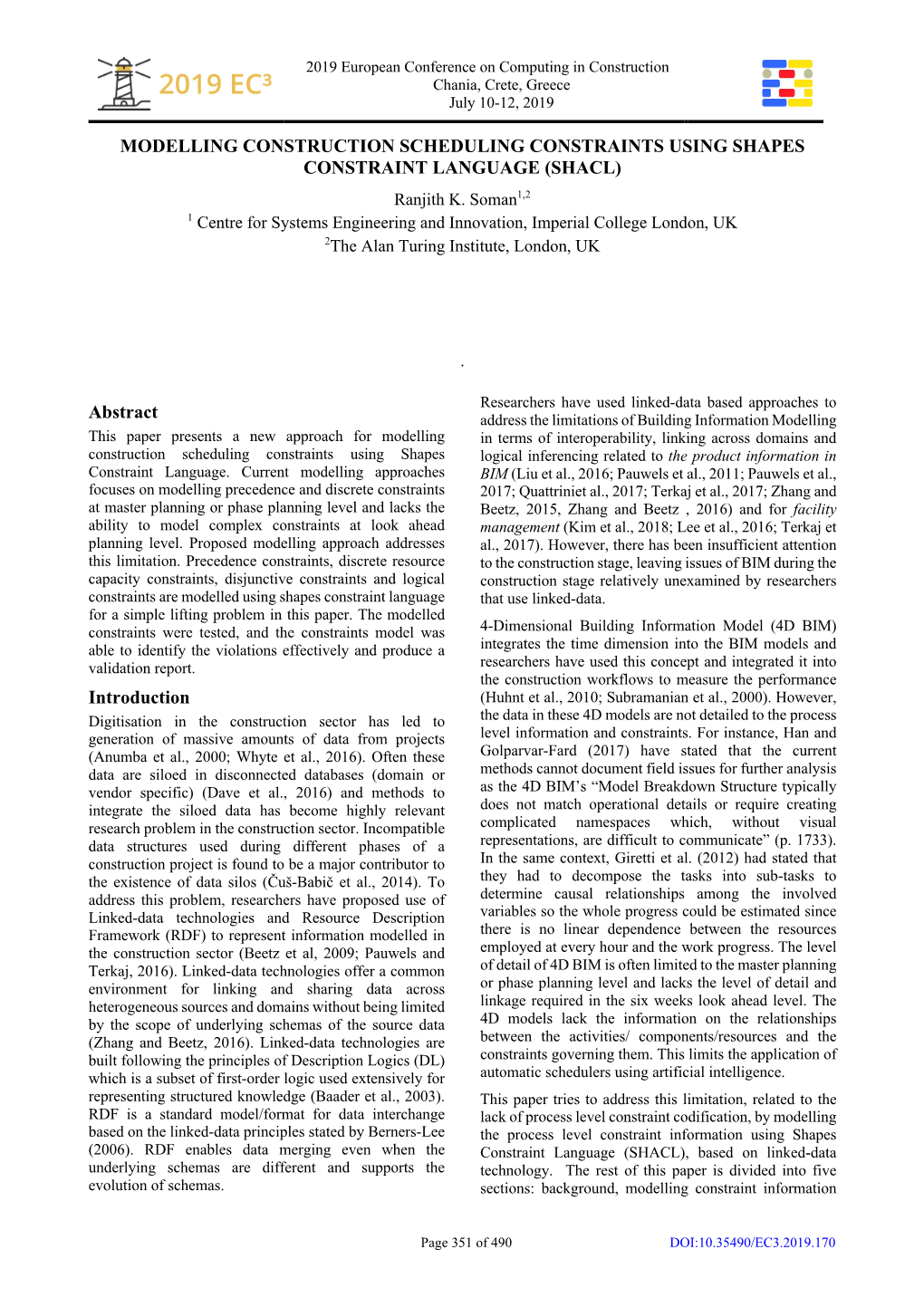 MODELLING CONSTRUCTION SCHEDULING CONSTRAINTS USING SHAPES CONSTRAINT LANGUAGE (SHACL) Abstract Introduction