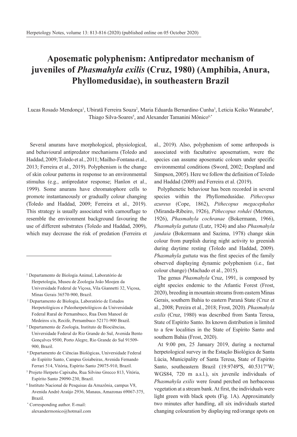 Aposematic Polyphenism: Antipredator Mechanism of Juveniles of Phasmahyla Exilis (Cruz, 1980) (Amphibia, Anura, Phyllomedusidae), in Southeastern Brazil
