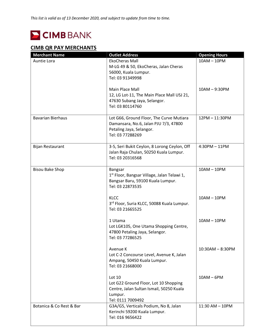 CIMB QR PAY MERCHANTS Merchant Name Outlet Address Opening Hours Auntie Lora Ekocheras Mall 10AM – 10PM M-LG 49 & 50, Ekocheras, Jalan Cheras 56000, Kuala Lumpur