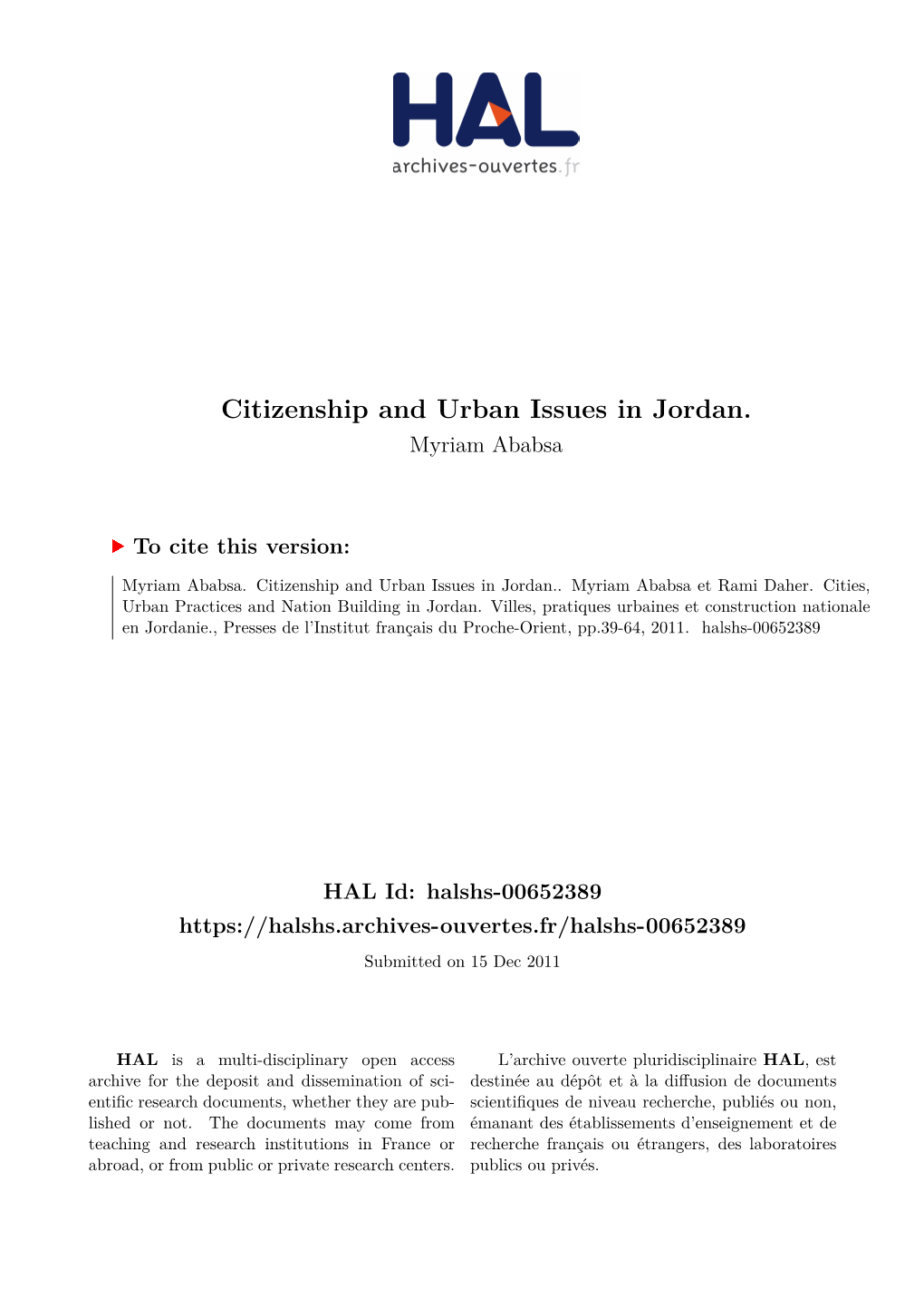 Citizenship and Urban Issues in Jordan. Myriam Ababsa