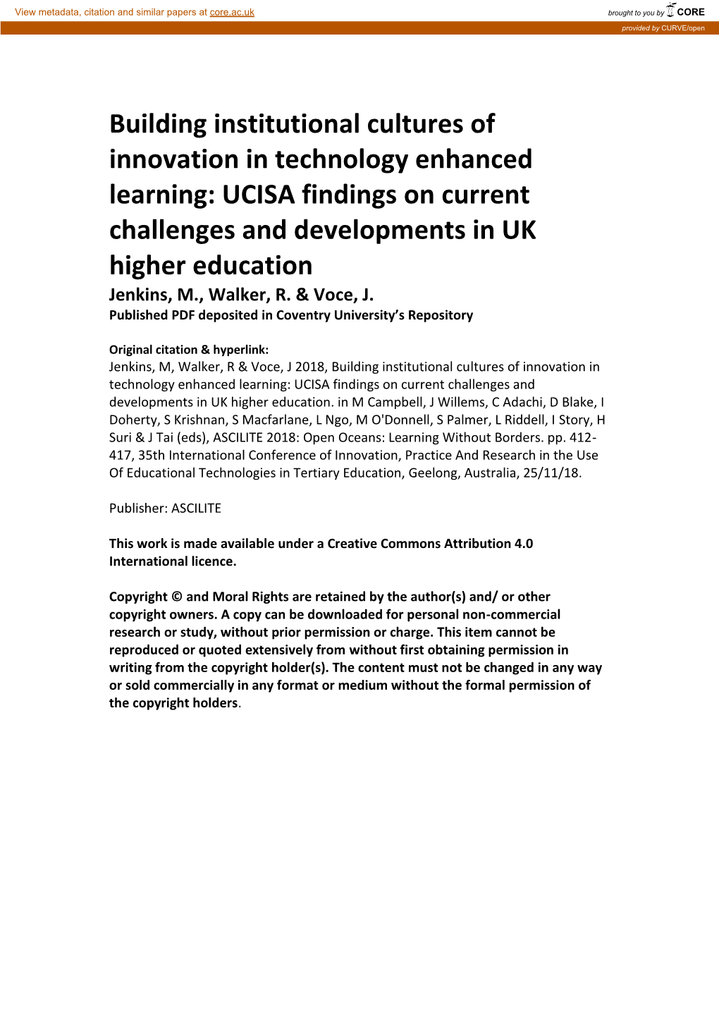 Building Institutional Cultures of Innovation in Technology Enhanced Learning: UCISA Findings on Current Challenges and Developm