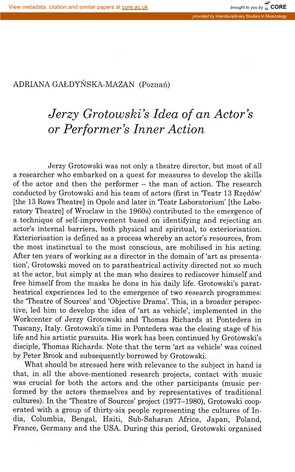 Jerzy Grotowski S Idea of an Actor's Or Performer's Inner Action