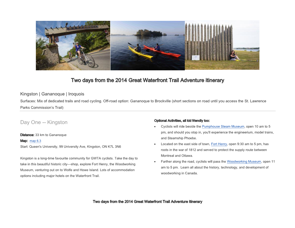 Two Days from the 2014 Great Waterfront Trail Adventure Itinerary