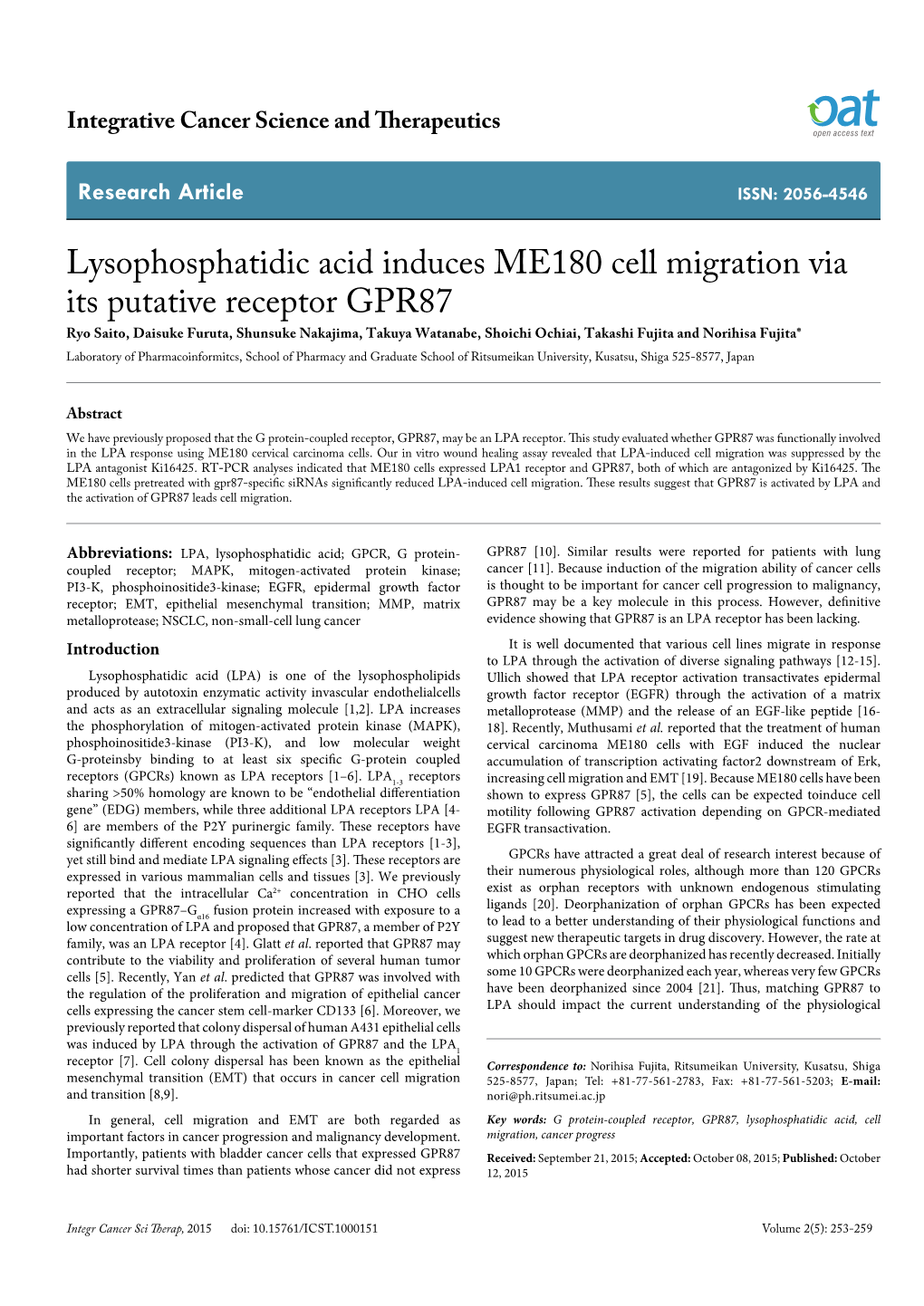 Lysophosphatidic Acid Induces ME180 Cell Migration Via Its Putative