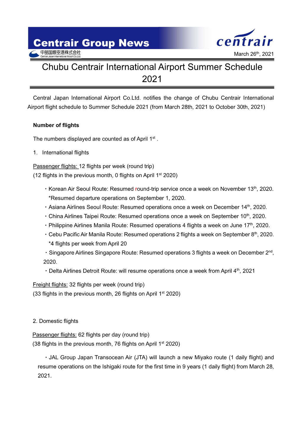 March 26, 2021 News Releasecorporate Informationachievements Chubu Centrair International Airport Summer Schedule 2021