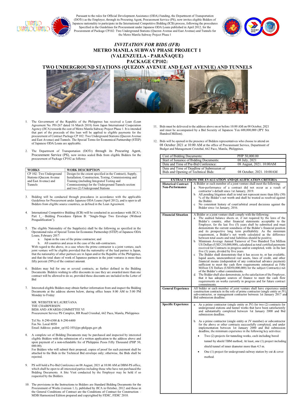 Metro Manila Subway Phase Project 1 (Valenzuela - Parañaque) Package Cp102: Two Underground Stations (Quezon Avenue and East Avenue) and Tunnels