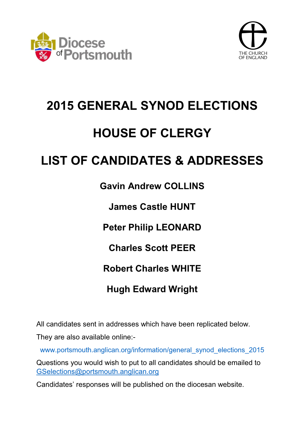 2015 General Synod Elections House of Clergy List of Candidates & Addresses
