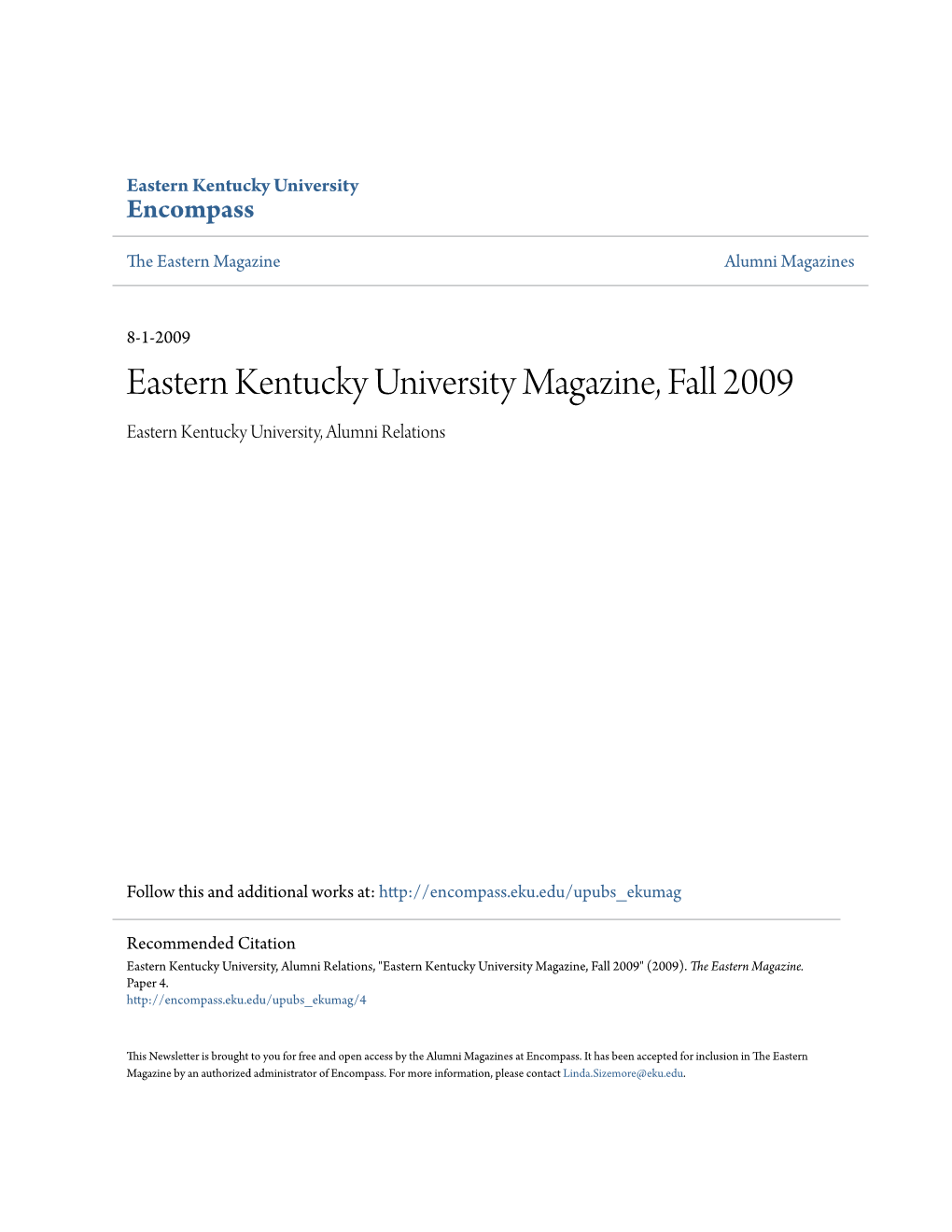 Eastern Kentucky University Magazine, Fall 2009 Eastern Kentucky University, Alumni Relations
