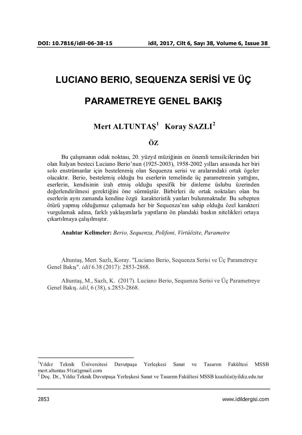 Luciano Berio, Sequenza Serisi Ve Üç Parametreye Genel Bakış"