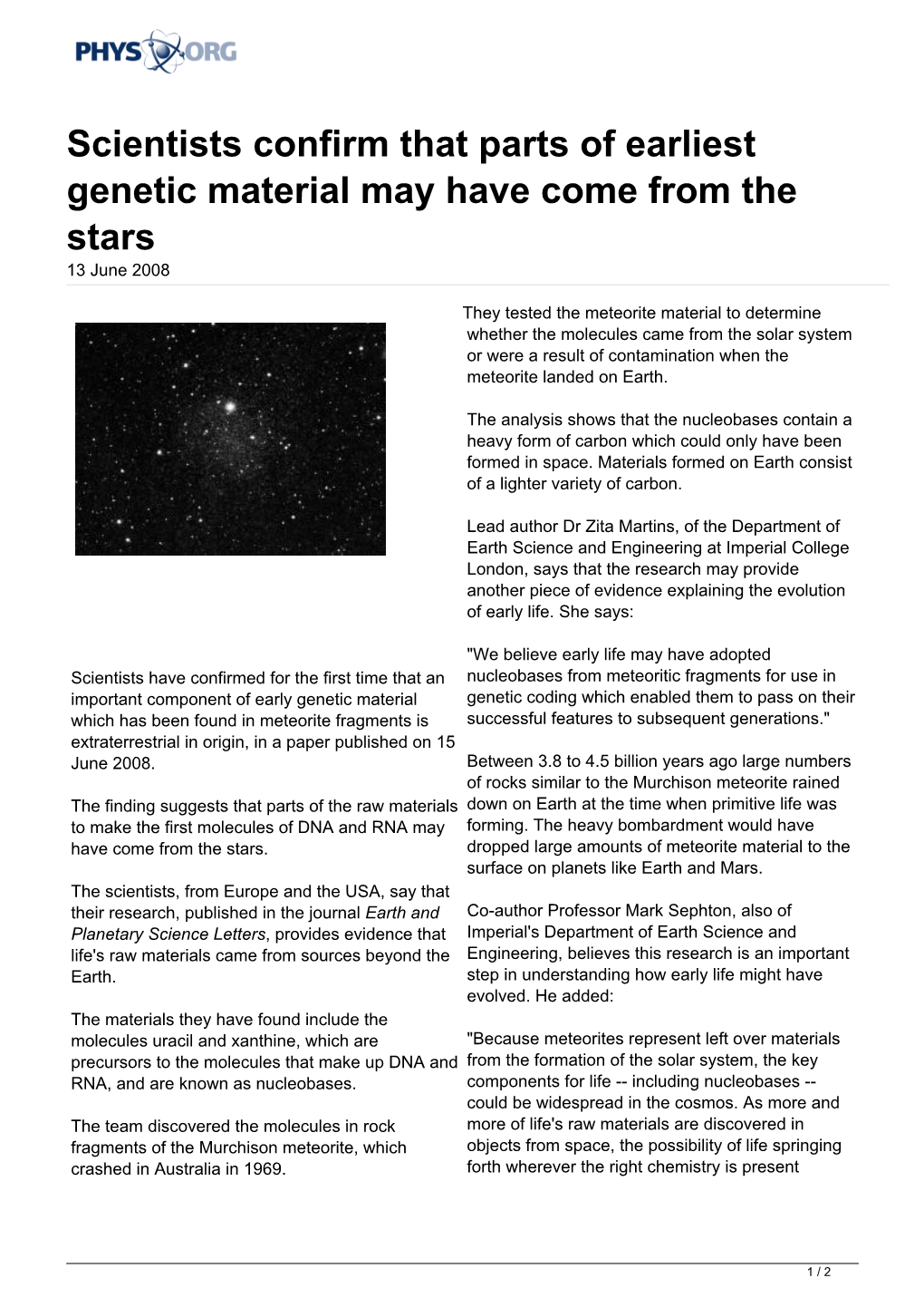 Scientists Confirm That Parts of Earliest Genetic Material May Have Come from the Stars 13 June 2008