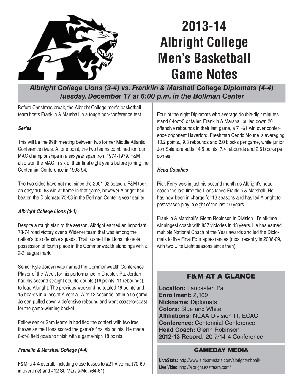 2013-14 Albright College Men's Basketball Game Notes