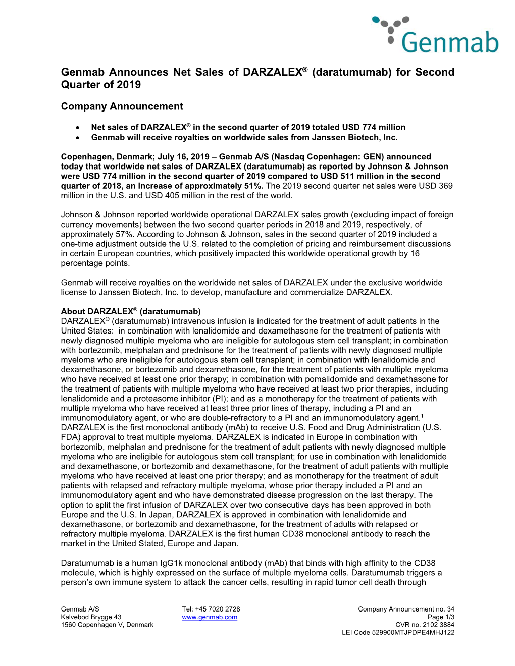 Daratumumab) for Second Quarter of 2019