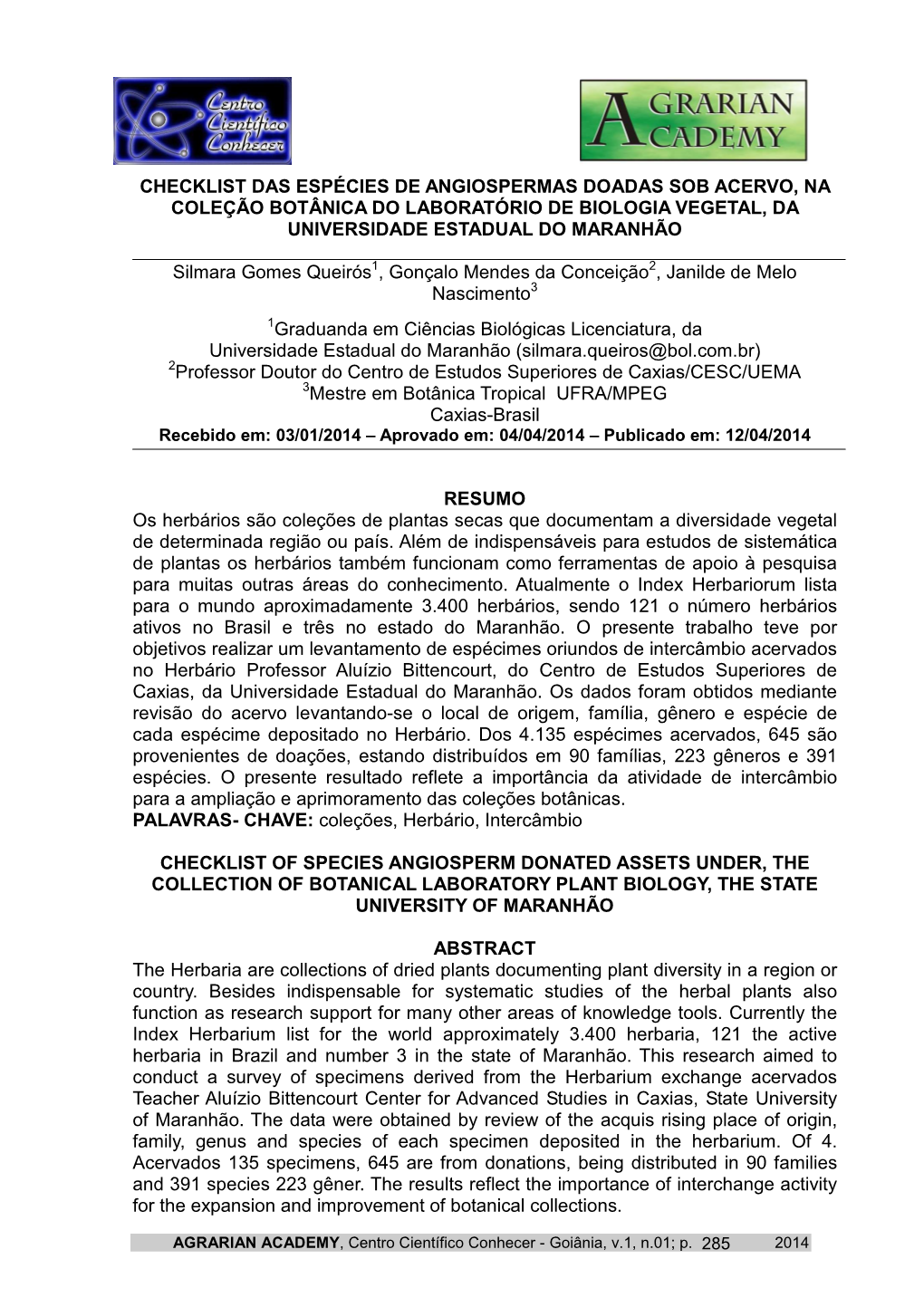 Checklist Das Espécies De Angiospermas Doadas Sob Acervo, Na Coleção Botânica Do Laboratório De Biologia Vegetal, Da Universidade Estadual Do Maranhão