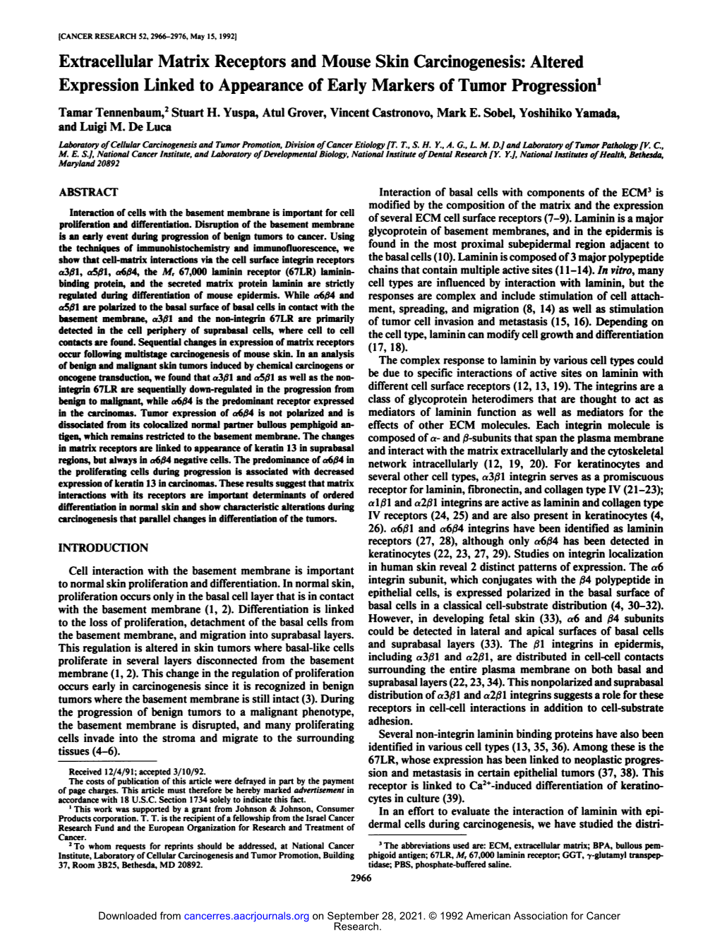 Extracellular Matrix Receptors and Mouse Skin Carcinogenesis: Altered ...