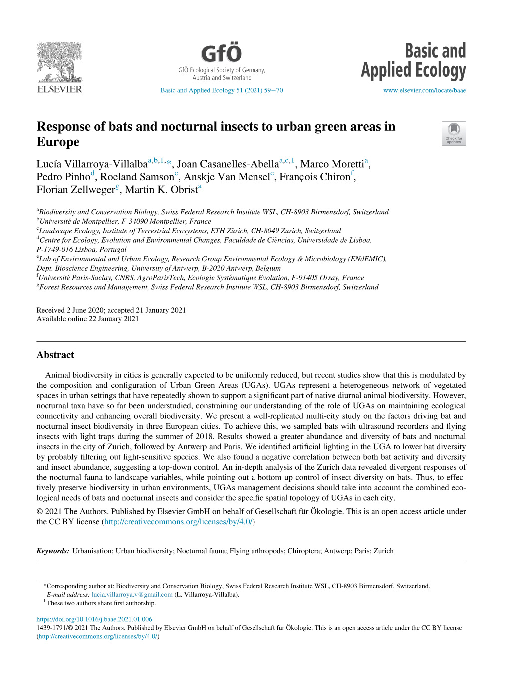 Response of Bats and Nocturnal Insects to Urban Green Areas In