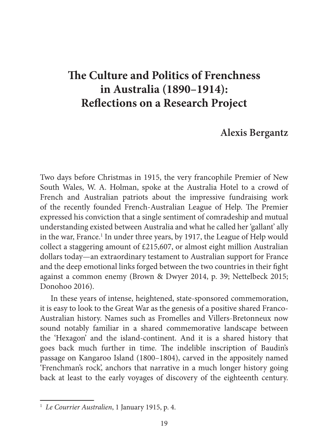 The Culture and Politics of Frenchness in Australia (1890–1914): Reflections on a Research Project